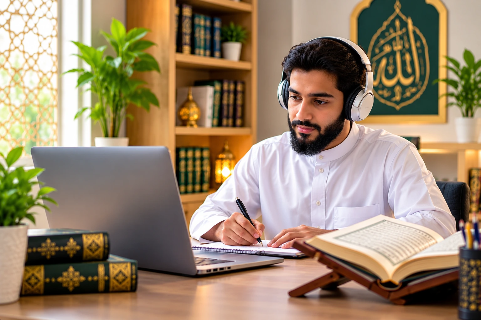 An adult student taking online Quran classes from home with a certified tutor