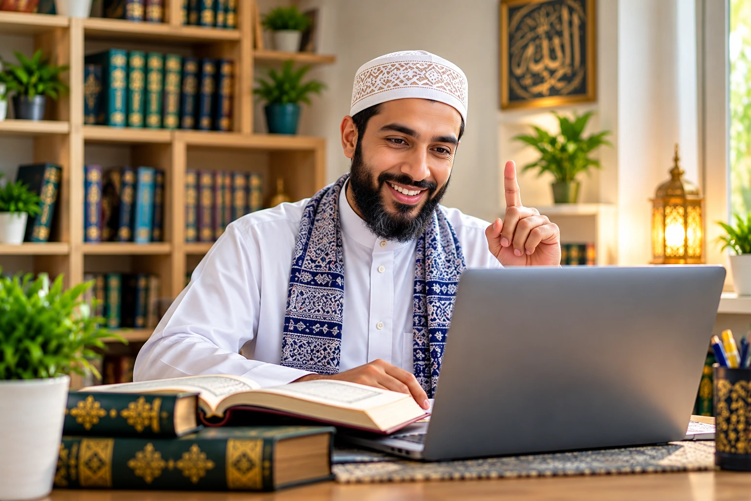 An adult student taking online Quran classes from home