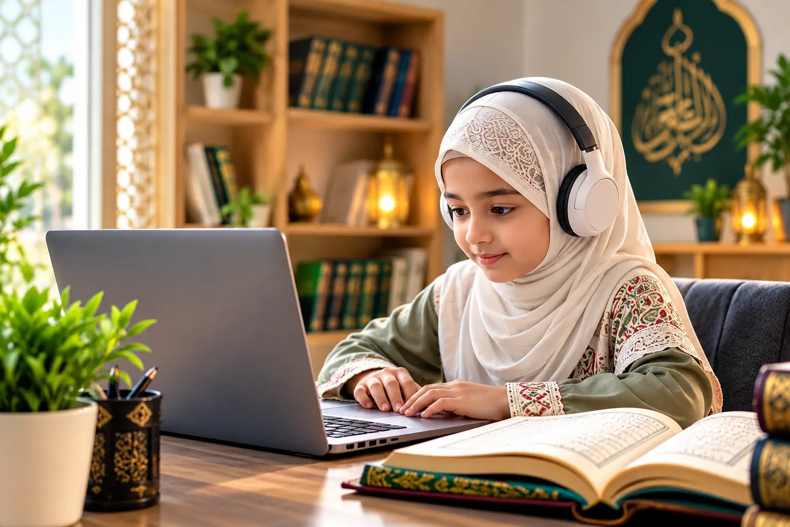 A kid learning Quran online with a certified teacher at Soulful Quran Academy